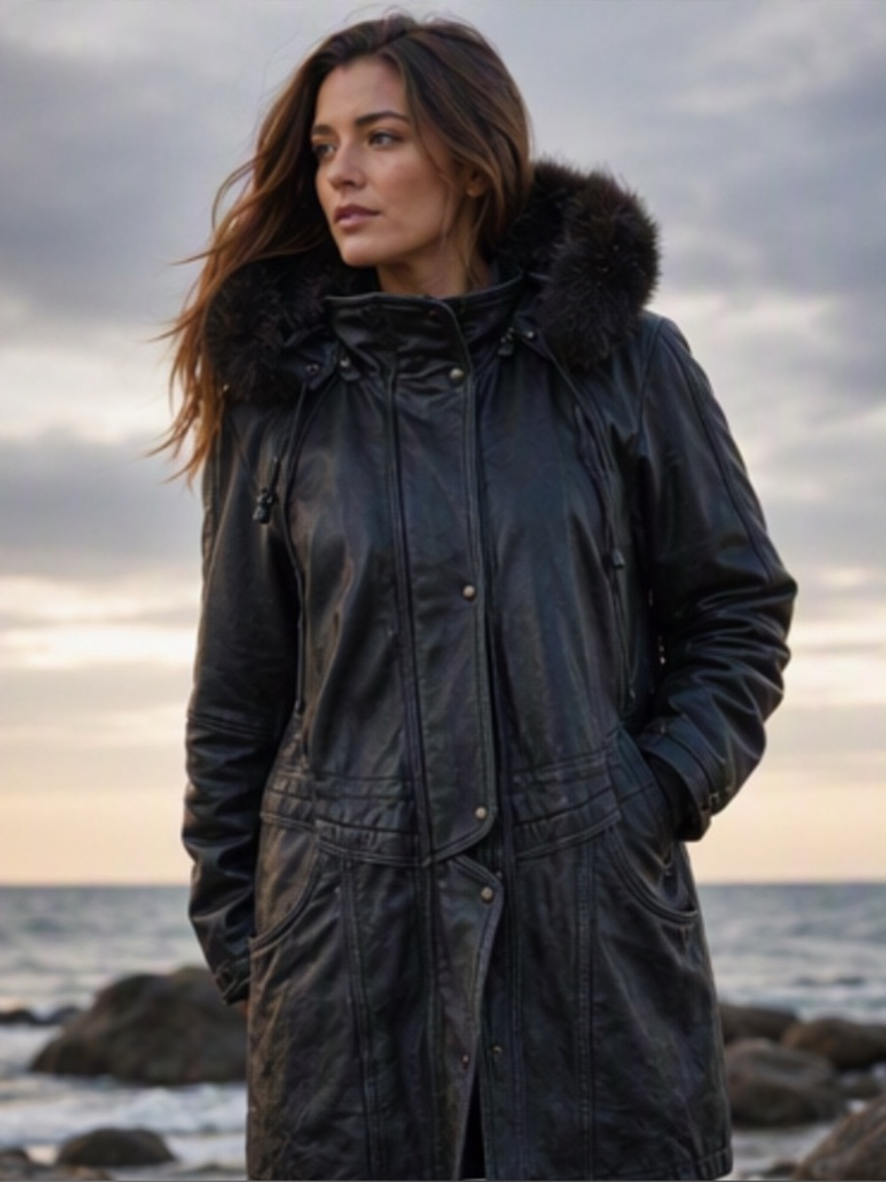 🌷Village du Cuir🌷 Vintage Black Leather Coat With  Brown Faux Fur Trim Hood